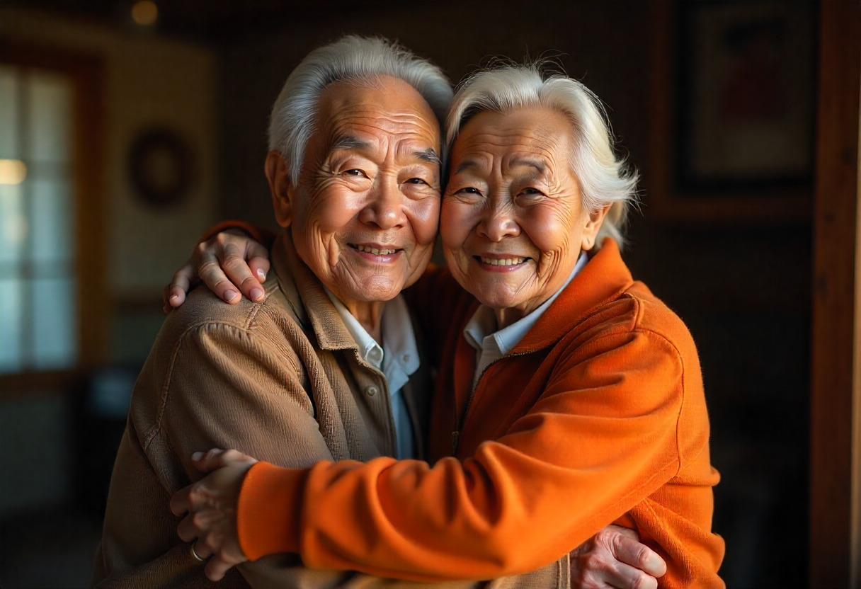 elderly couple hugging